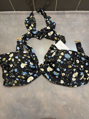 NWT Seafolly Womens Halter Bandeau Bikini Top ONLY Black Floral Womens Plus 14